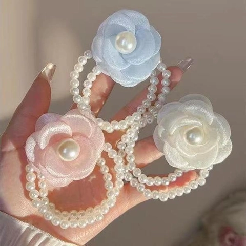 Chouchous Élégants À Fleurs De Camélia Avec Künstliche Perles Artificielles Style Coréen Tissu En Satin Élastiques À Cheveux Femmes