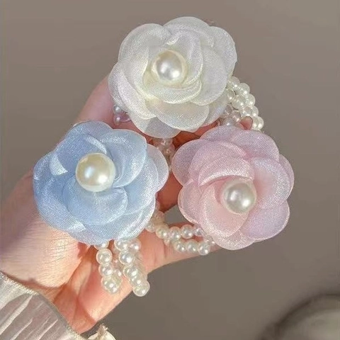 Chouchous Élégants À Fleurs De Camélia Avec Künstliche Perles Artificielles Style Coréen Tissu En Satin Élastiques À Cheveux Femmes