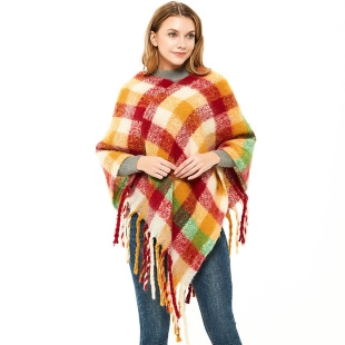 Poncho Pullover a Quadri da Donna Scialle Con Nappine Gingham Senza Maniche Invernale Caldo Mantella Vintage Stile Street Capispalla Accogliente