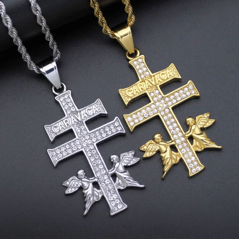 Collana Con Pendente Croce Caravaca Angelo Hip Hop Acciaio Inossidabile Gioielli Con Strass Per Uomo Donna