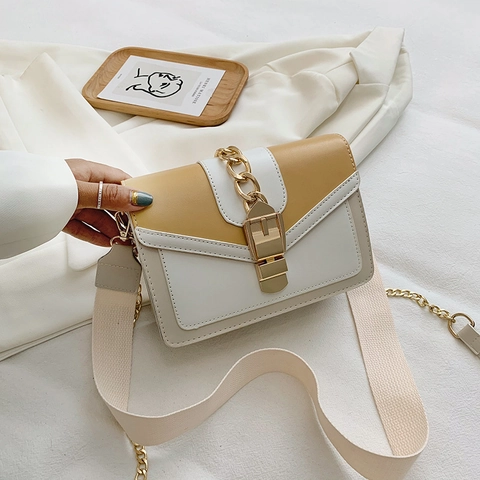 Borsa A Tracolla Da Donna Pelle PU Blocchi Di Colore Catena Dorata Serratura Piccola Borsa Quadrata Spalline Larghe E Catena Moda