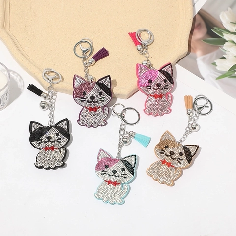 Rhinestone Cat Keychain With Tassel And Bell Pendant Bag Charm For Women Gift Cute Cartoon Animal Alloy Crystal