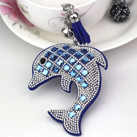 Funkelnder Delfin Schlüsselanhänger Mit Strass Und Lederquaste Glocke Legierung Tasche Anhänger Für Frauen Mädchen Geschenk Auto Zubehör