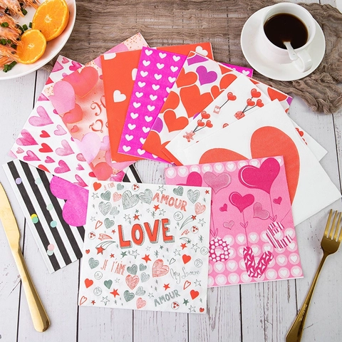Serviettes En Papier Imprimées Cœur Pour La Saint-Valentin Thème Amour Romantique Décoration De Table Jetable