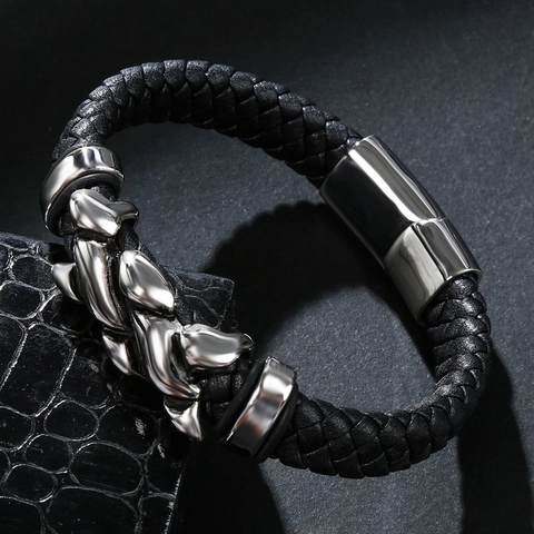 Men Braided Leather Bracelet With Alloy Dragon Head Magnetic Buckle Punk Hip Hop Trendy Jewelry