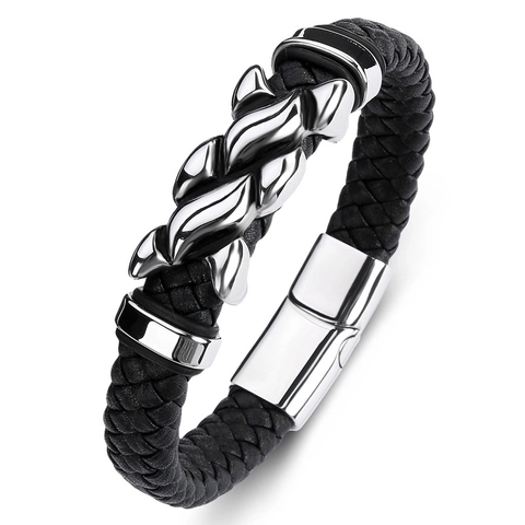 Men Braided Leather Bracelet With Alloy Dragon Head Magnetic Buckle Punk Hip Hop Trendy Jewelry