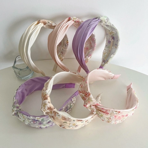 Wide Brim Headband Fabric Knotted Floral Embroidery Mesh Lace Elegant Sweet Hair Accessories For Women Daily