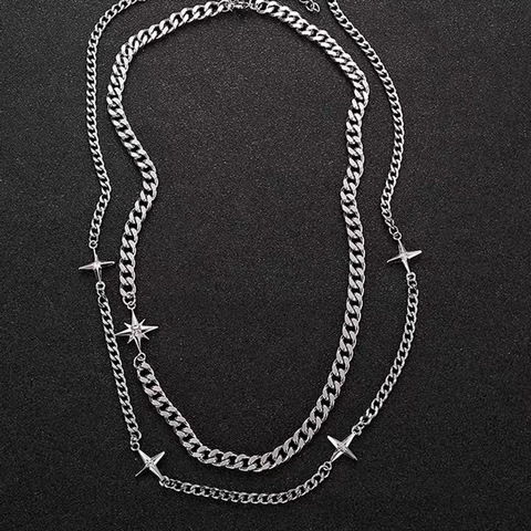 Double Layered Star Pendant Necklace Men Titanium Steel Cuban Chain Hip Hop Trendy Jewelry With Rhinestones