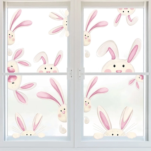 Adhesivos de Ventana de Conejito de Pascua Lindos Dibujos Animados de Conejo Pegatinas de Vidrio para Decoración de Hogar PVC