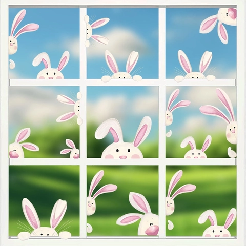 Adhesivos de Ventana de Conejito de Pascua Lindos Dibujos Animados de Conejo Pegatinas de Vidrio para Decoración de Hogar PVC