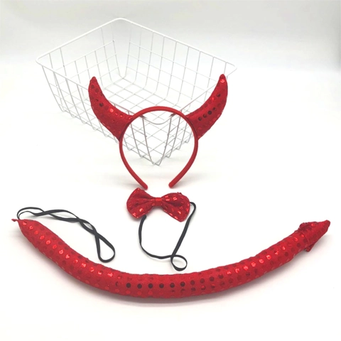 Cerchietto Corna Di Diavolo Rosso Paillettes Papillon Coda Tridente Accessorio Costume Halloween Festa Tessuto Lucido