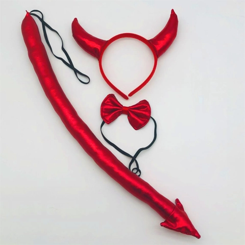 Cerchietto Corna Di Diavolo Rosso Paillettes Papillon Coda Tridente Accessorio Costume Halloween Festa Tessuto Lucido