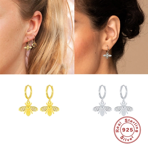 Orecchini a Forma di Ape in Argento Sterling 925 Personalità Minimalista Oro Argento Galvanizzato Animal Hoop Pendenti per Donna Gioielli di Moda