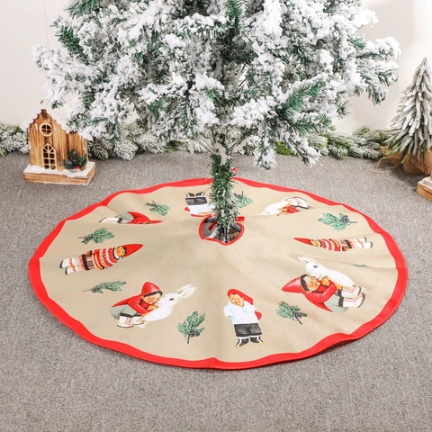 Christmas Tree Skirt Round Short Plush Fabric Red Piping Cartoon Prints Nordic Style Holiday Party Home Floor Decor
