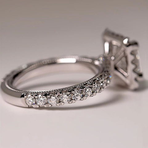Luxury Square Cushion Cut Zirconia Halo Ring Rhodium Plated Copper Milgrain Engagement Jewelry For Women