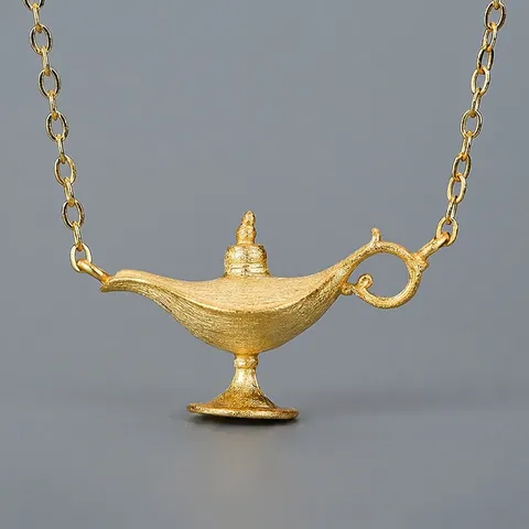 S925 Sterling Silver Aladdin Lamp Pendant Necklace For Women Brushed Matte Finish Vintage Creative Genie Lamp Jewelry Gift