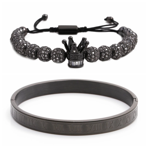 Set di Gioielli da Uomo Con Bracciale Rigido Numeri Romani in Acciaio Inossidabile e Braccialetto Corona Zirconia Regolabile 2 Pezzi