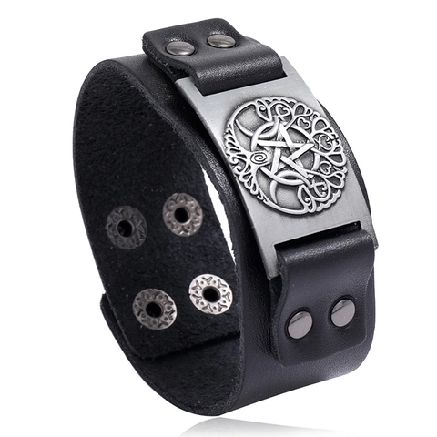 Men Viking Tree Of Life Leather Bracelet Retro Nordic Celtic Knot Pentagram Adjustable Wide Cuff Wristband Punk Jewelry