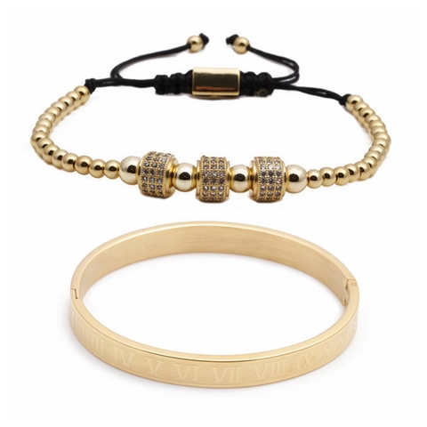 Brazalete De Acero Inoxidable Con Números Romanos Y Pulsera De Cuentas Ajustable Micro Pavé Circonita Hip Hop Punk