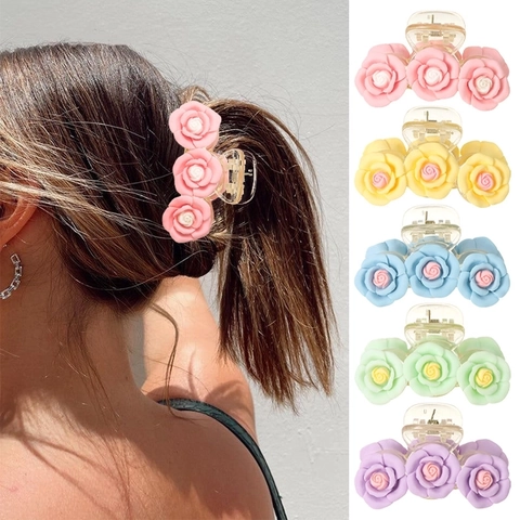 Camellia Rose Flower Hair Claw Clip Plastic Resin Sweet Aesthetic Large Shark Clip Hair Accessory For Women Girls
