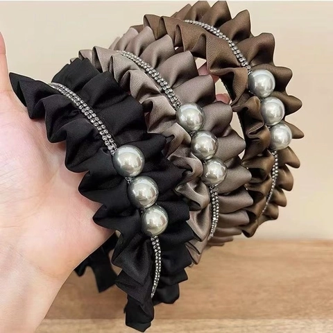 Diadema De Satén Rizado Con Perlas Artificiales Artificiales Y Pedrería Estilo Francés Diadema Elegante Para Mujeres