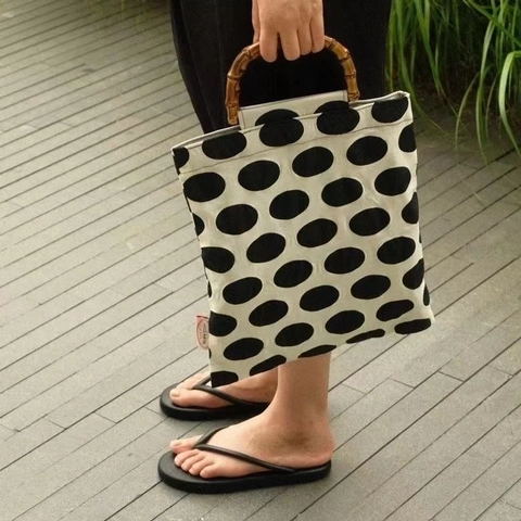 Double Layer Polka Dot Handbag With Bamboo Handle Canvas Fabric Tote Bag Vintage Retro Style Women Magnetic Closure