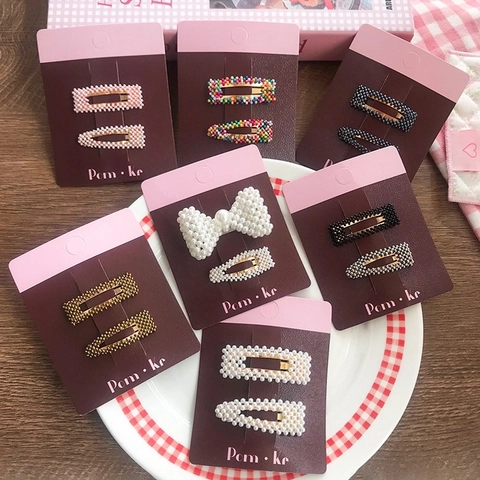 Kids Faux Artificial Pearl Beaded Hair Clips Cute Bow Geometric Snap Barrettes Fashion Headwear For Girls Toddlers Handmade