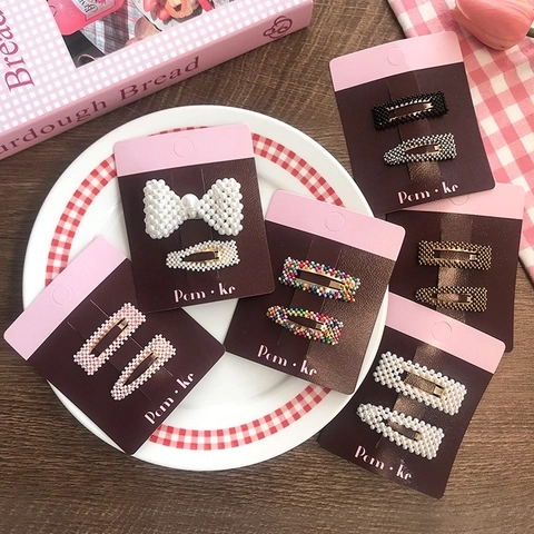 Kids Faux Artificial Pearl Beaded Hair Clips Cute Bow Geometric Snap Barrettes Fashion Headwear For Girls Toddlers Handmade