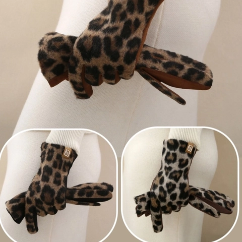 Women Leopard Print Suede Warm Gloves Winter Windproof Touch Screen Cotton Thickened Outdoor Driving Mittens