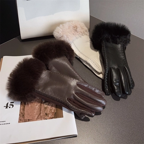 Women Winter Suede PU Leather Gloves Touchscreen Fleece Warm Elegant Fashion With Plush Cuffs Bow Decoration Cycling Gloves