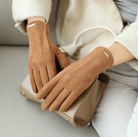 Damen Süße Wildlederimitat Handschuhe Winter Warm Fleece Gefüttert Winddicht Touchscreen Fäustlinge Mit Metallbogen Dekoration Draußen Fahren