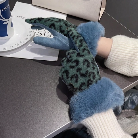 Gants en Fausse Fourrure à Imprimé Léopard pour Femmes Gants d'Hiver Chauds à Écran Tactile avec Bordure en Peluche Accessoires