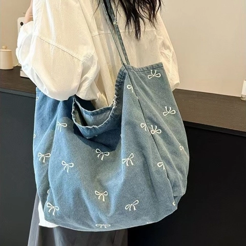 Denim Tote Bag Große Kapazität Schleife Druck Stickerei Spitze Dekor Schultertasche Für Frauen Lässig Retro