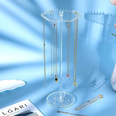 Rotatable Acrylic Necklace Stand Organizer Transparent Jewelry Display Holder With Multiple Hooks For Chains Bracelets