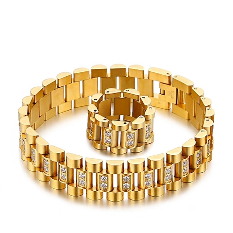 Pulsera Estilo Correa De Reloj Y Anillo De Diamantes De Imitación Acero Inoxidable Joyas De Lujo Hip Hop Para Hombres