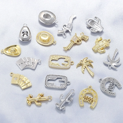 Western Cowboy Pendant Cactus Horseshoe Poker Coconut Tree Handgun Brass Zirconia Jewelry DIY Charm For Women Men