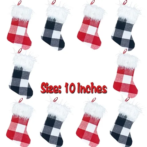 Christmas Stocking Mini Gift Bag Buffalo Plaid Cloth With White Faux Fur Cuff Hanging Ornament Holiday Party Decoration