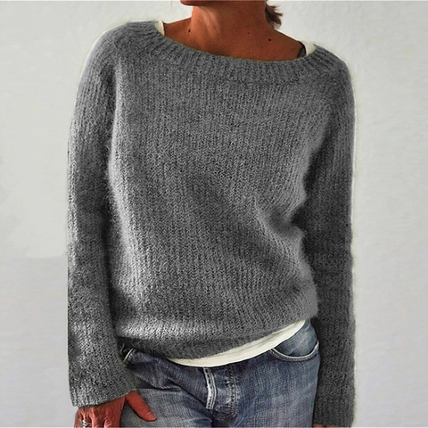 Women Pullover Sweater Round Neck Long Sleeve Solid Color Mohair Style Soft Knit Loose Casual Daily Autumn Winter Tops