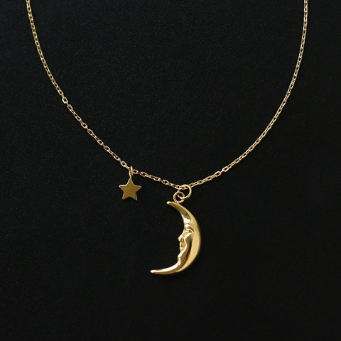 Vintage Halve Maan Gezicht En Ster Hanger Ketting 18K Verguld 316L Titanium Staal Dromerige Sprookjesachtige Sleutelbeenketting