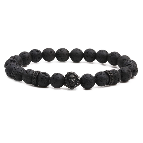 Men's Lion Head Lava Stone Beaded Bracelet With Zirconia Copper Animal Charm Elastic Punk Jewelry Gift For Boys