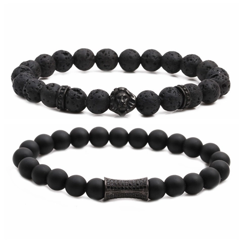 Men Beaded Bracelet Volcanic Lava Rock Matte Stone Stainless Steel Lion Head Copper Micro Pave Zirconia Gothic Punk