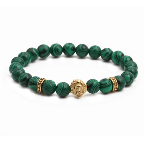 Men Vintage Green Malachite Beaded Bracelet Stainless Steel Lion Head Buddha Beads Elastic Wristband Ethnic Style Jewelry Gift
