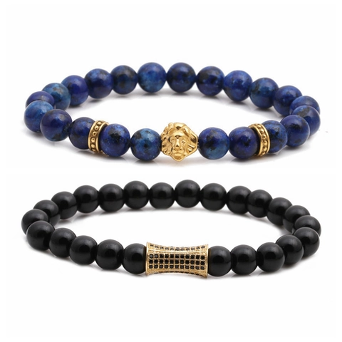 Men Beaded Bracelets Set Natural Blue Spot Stone Hematite Stainless Steel Lion Head Micro Inlaid Zircon Hip Hop Style