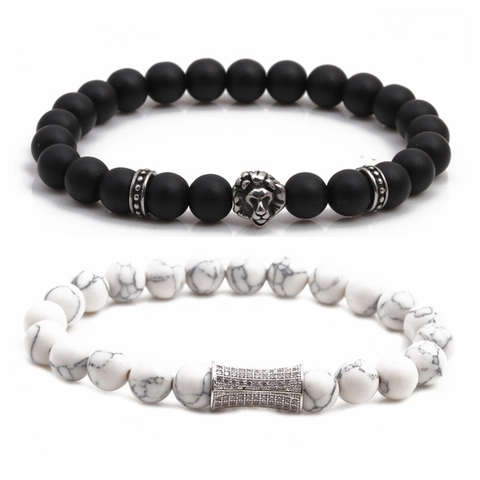 Lion Head Beaded Bracelet White Turquoise Matte Stone Copper Zircon Elastic Men Jewelry