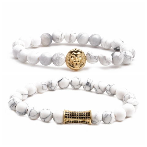 Bracciale Con Perline In Pietra Naturale Testa Di Leone Teschio Acciaio Inossidabile Micro Pave CZ Gioielli Da Uomo