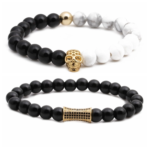 Bracciale Con Perline In Pietra Naturale Testa Di Leone Teschio Acciaio Inossidabile Micro Pave CZ Gioielli Da Uomo