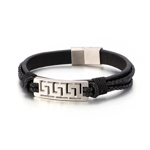 Bracelet Homme Cuir De Vachette Tressé Multi-Rangs Acier Inoxydable Fermoir Magnétique Motif Grec Bijoux Mode Vintage