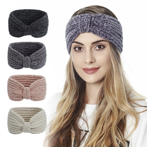 Women Knitted Headband Chenille Soft Yarn Ear Warmer Twist Knot Elastic Hair Band Autumn Winter Solid Color Accessory