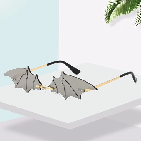 Creative Bat Wing Shaped Rimless Sunglasses For Women Punk Gothic Halloween Party Eyewear UV400 Protection Metal Frame