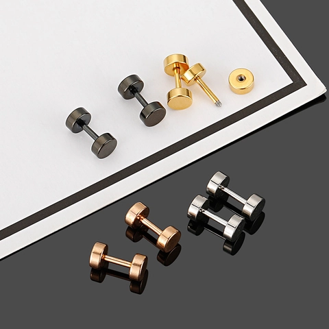 Mini Barbell Stud Earrings Stainless Steel Screw Thread Cartilage Piercing Jewelry Minimalist Punk Style For Men Women